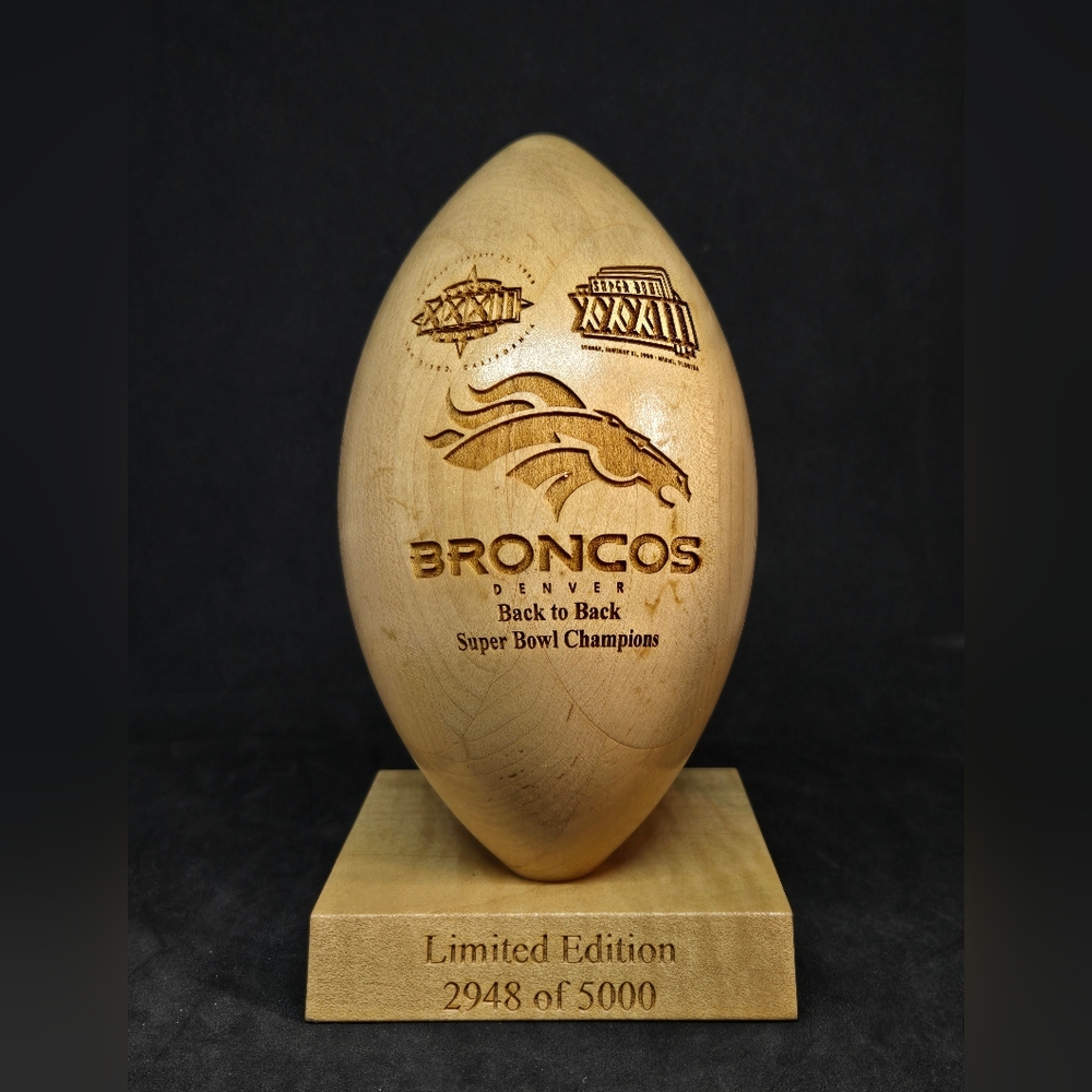 Laser Engraved Solid Wood Football Denver Broncos Grid Works NFL
